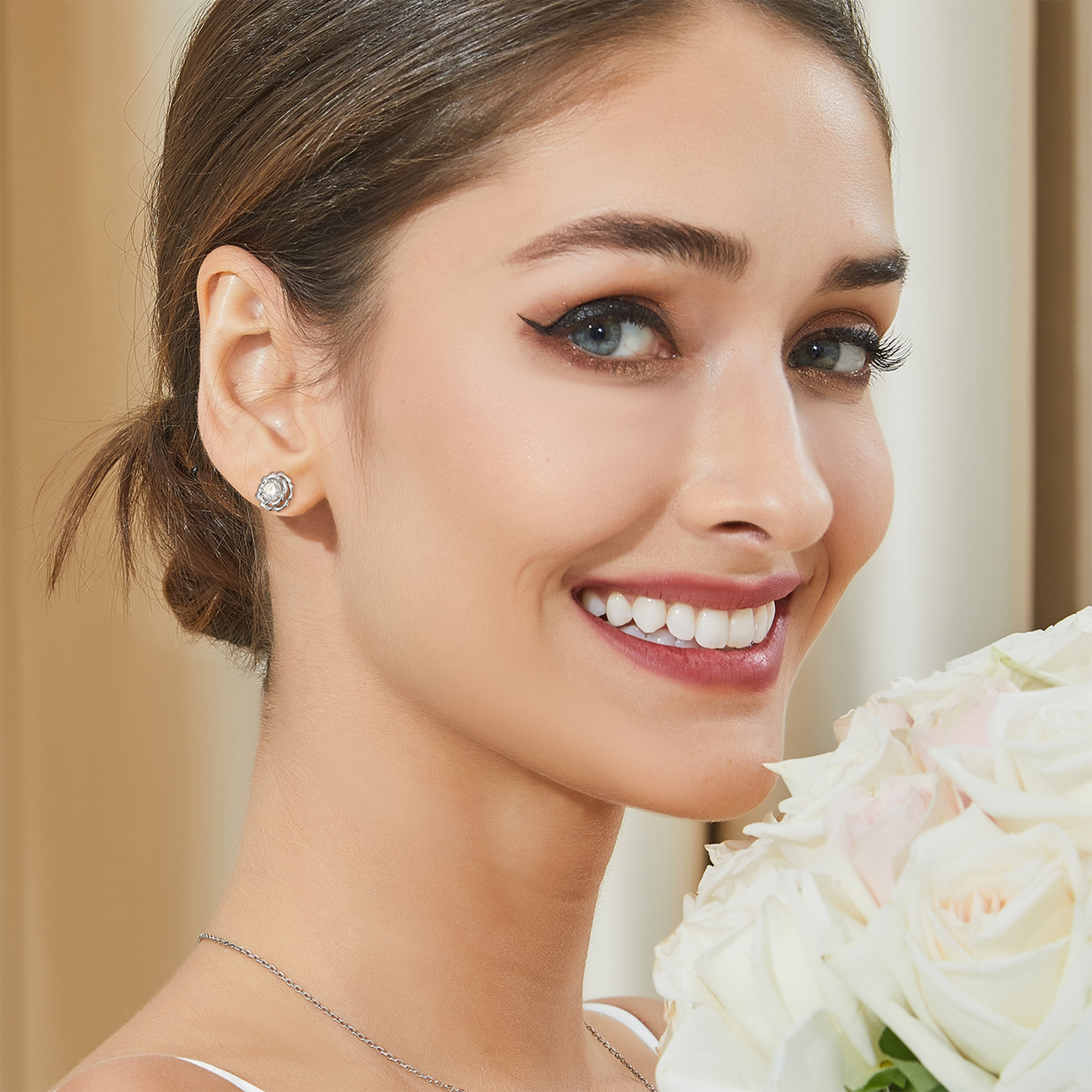Rose Stud Moissanite Earrings in White Gold (D Color VVS1)