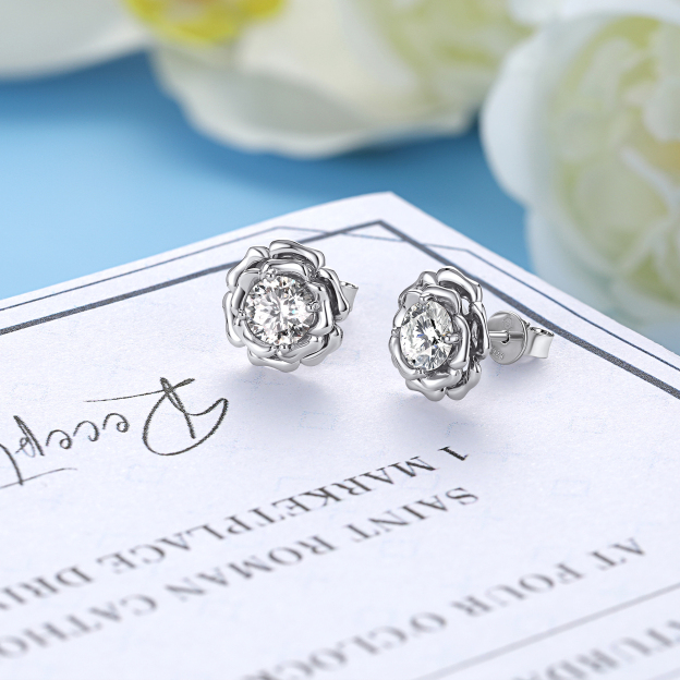 Rose Stud Moissanite Earrings in White Gold (D Color VVS1)