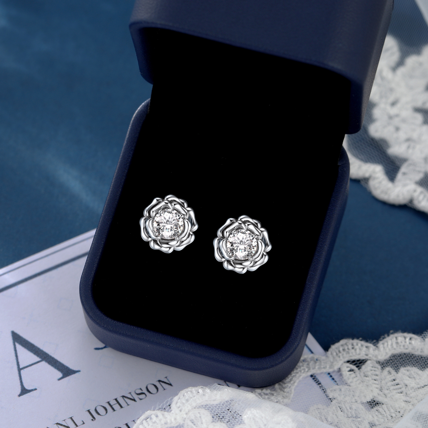 Rose Stud Moissanite Earrings in White Gold (D Color VVS1)