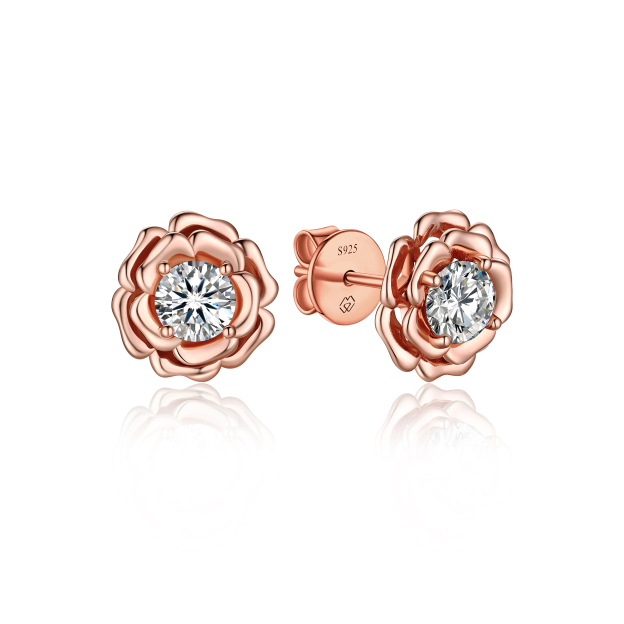 Rose Stud Moissanite Earrings in Rose Gold (D Color VVS1)