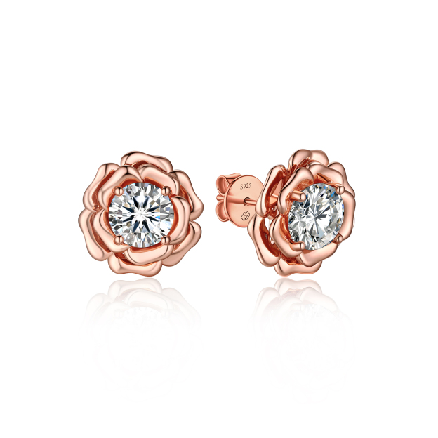 Rose Stud Moissanite Earrings in Rose Gold (D Color VVS1)