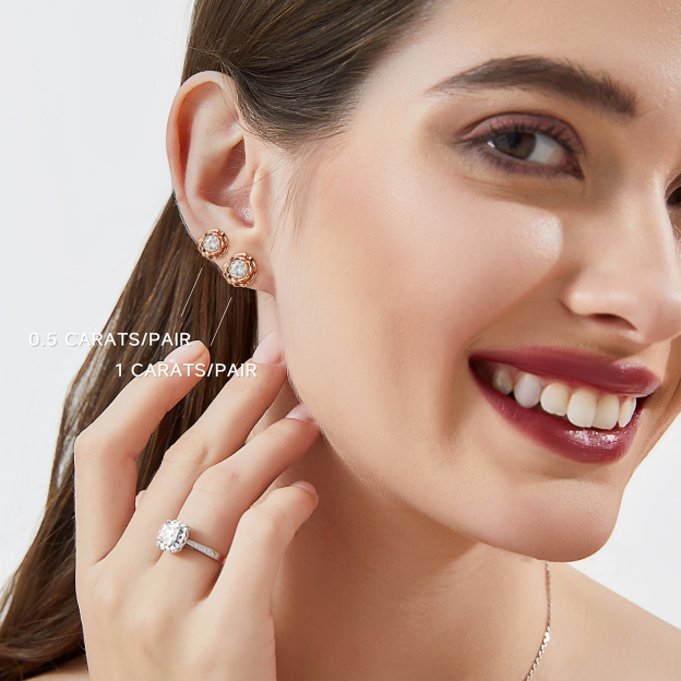 Rose Stud Moissanite Earrings in Rose Gold (D Color VVS1)