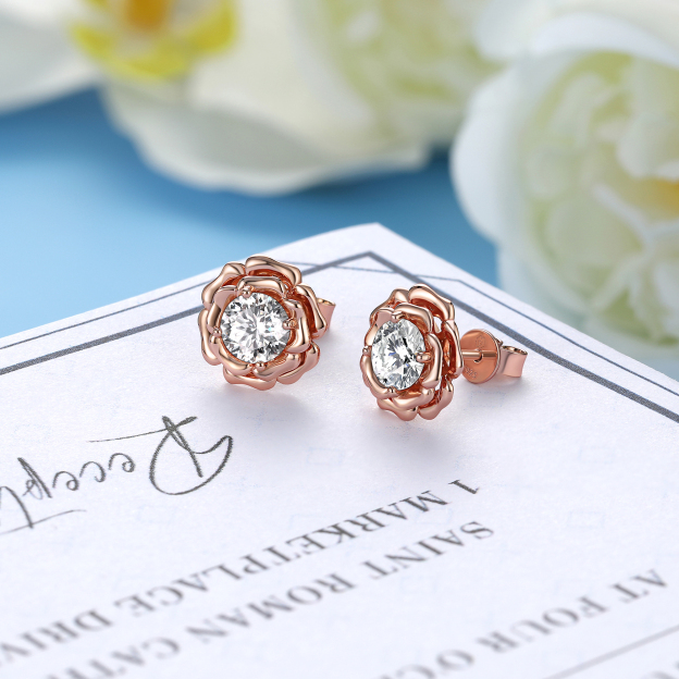 Rose Stud Moissanite Earrings in Rose Gold (D Color VVS1)