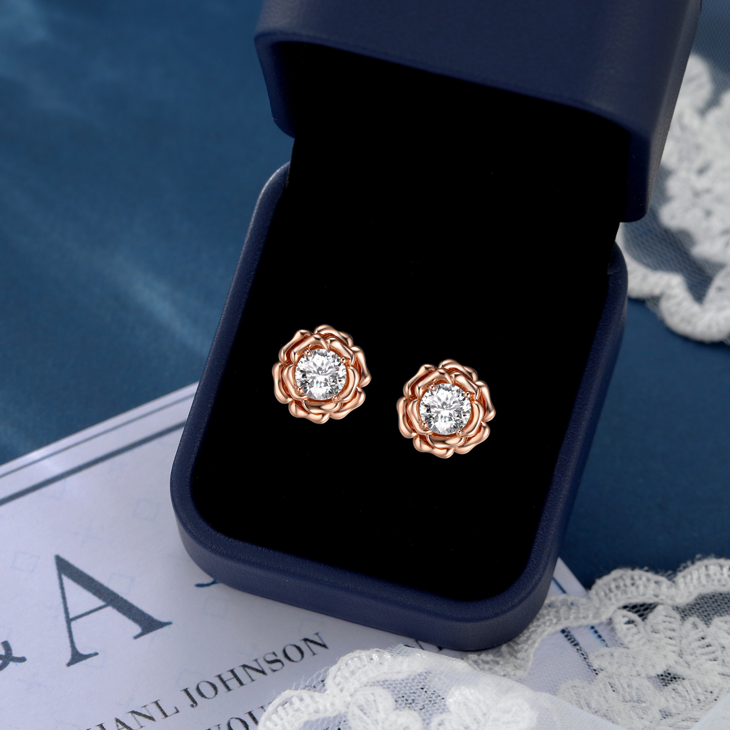 Rose Stud Moissanite Earrings in Rose Gold (D Color VVS1)