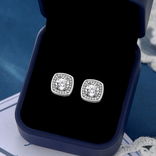 4 Prong Halo Cluster Stud Moissanite Round Cut Earrings (D Color VVS1)