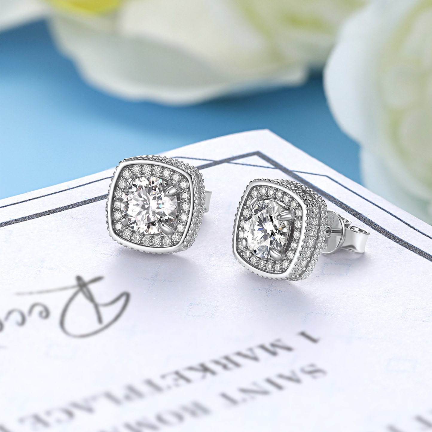 4 Prong Halo Cluster Stud Moissanite Round Cut Earrings (D Color VVS1)