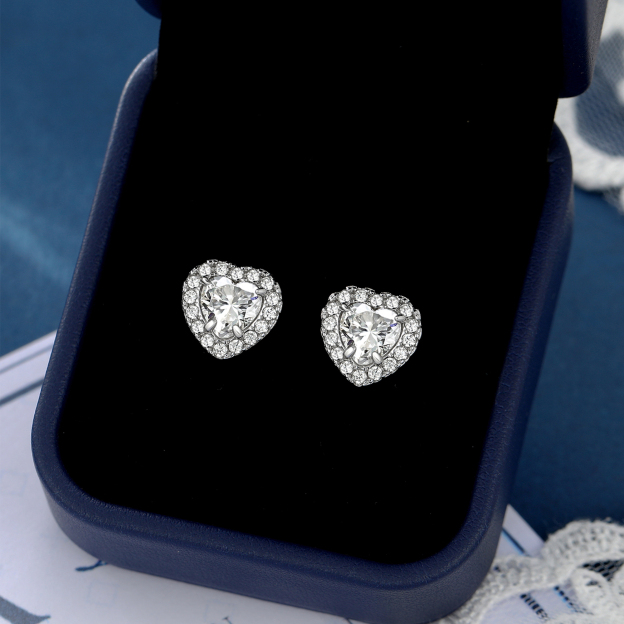 Halo Heart Cut Moissanite Stud Earrings in White Gold with Jewelry Box