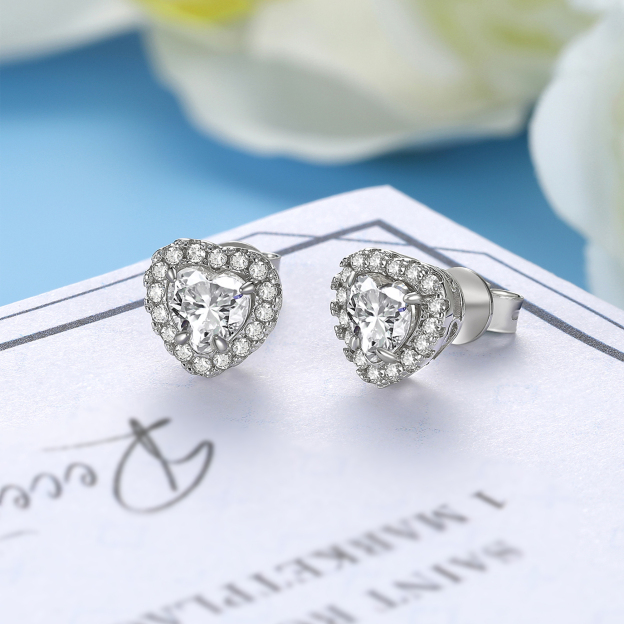Halo Heart Cut Moissanite Stud Earrings in White Gold, Sterling Silver
