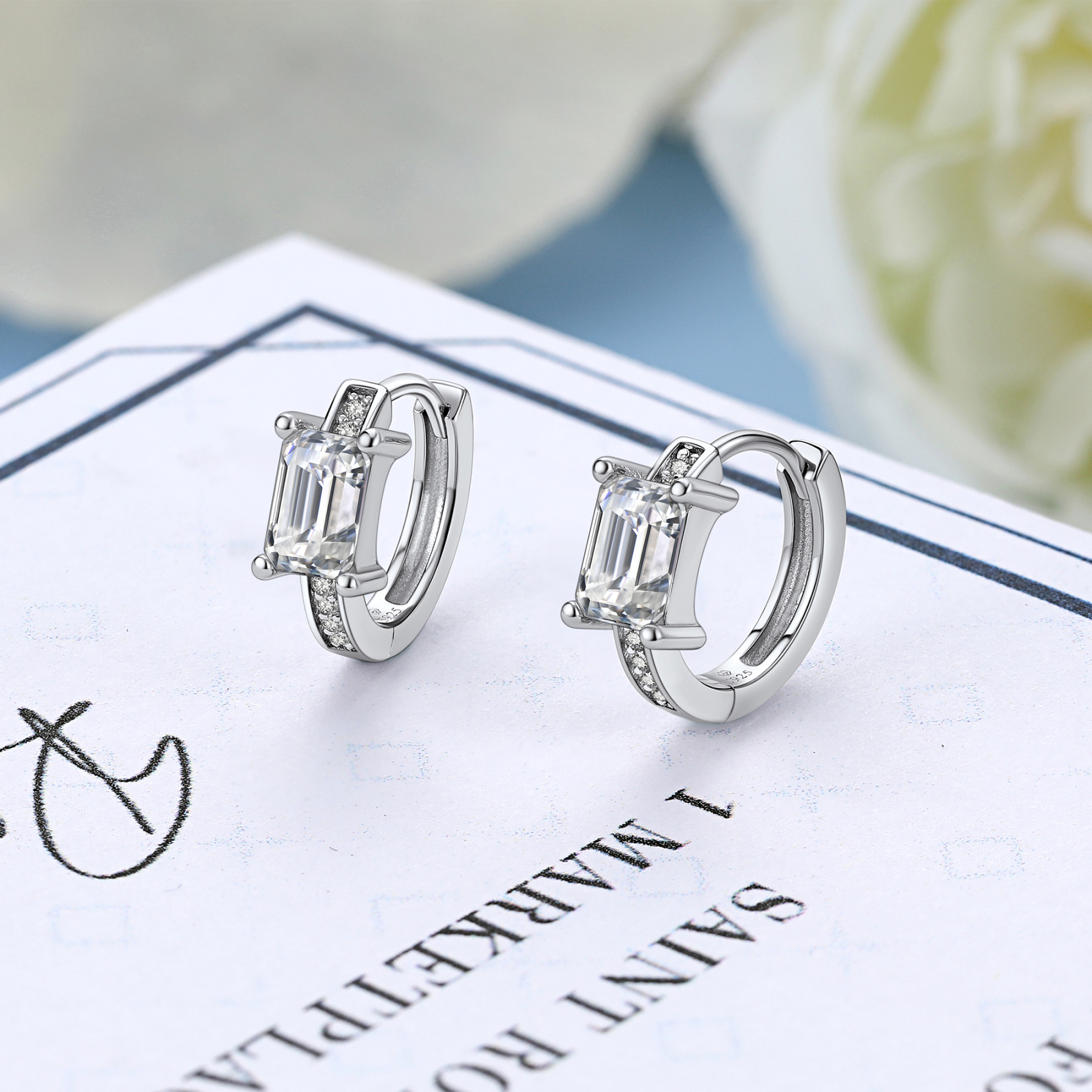Emerald Hoop Moissanite Huggie Earrings in White Gold (D Color VVS1)