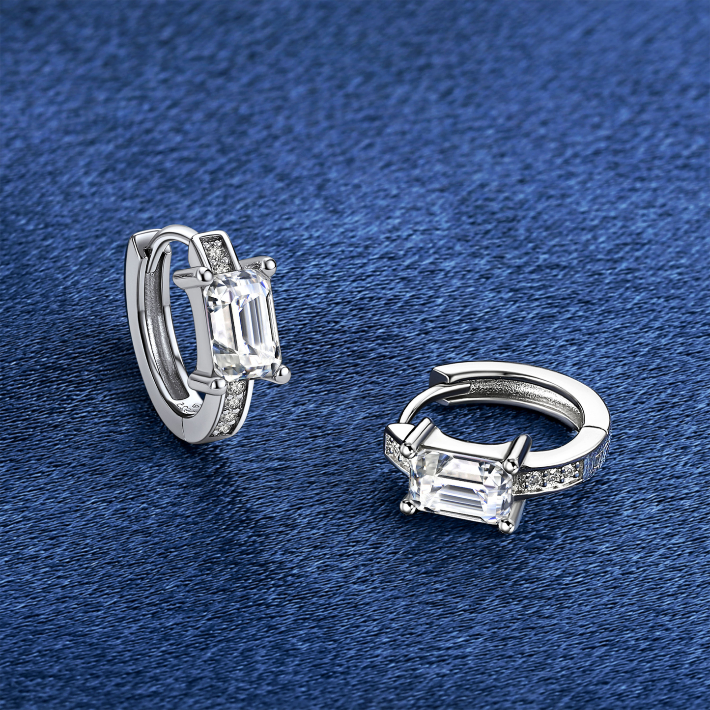 Emerald Hoop Moissanite Huggie Earrings in White Gold (D Color VVS1)