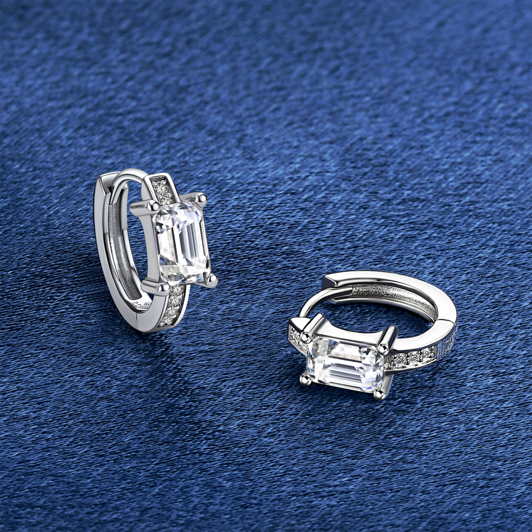 Emerald Hoop Moissanite Huggie Earrings in White Gold (D Color VVS1)