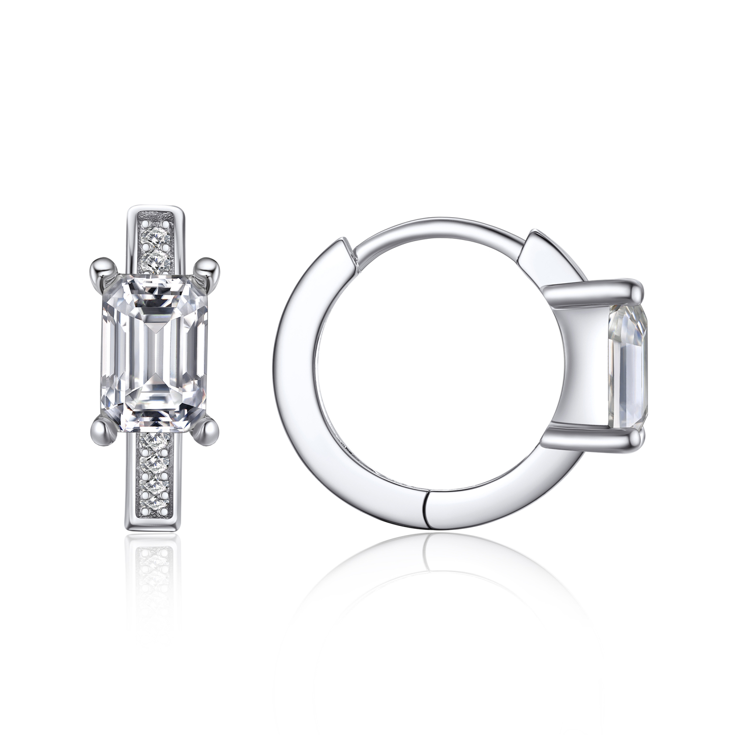 Emerald Hoop Moissanite Huggie Earrings in White Gold (D Color VVS1)