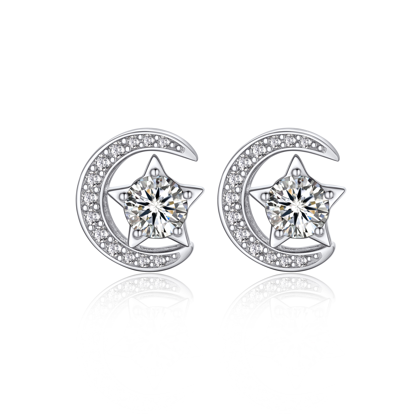 Moon & Star Stud Moissanite Earrings in White Gold (1/2 Ct. VVS1)