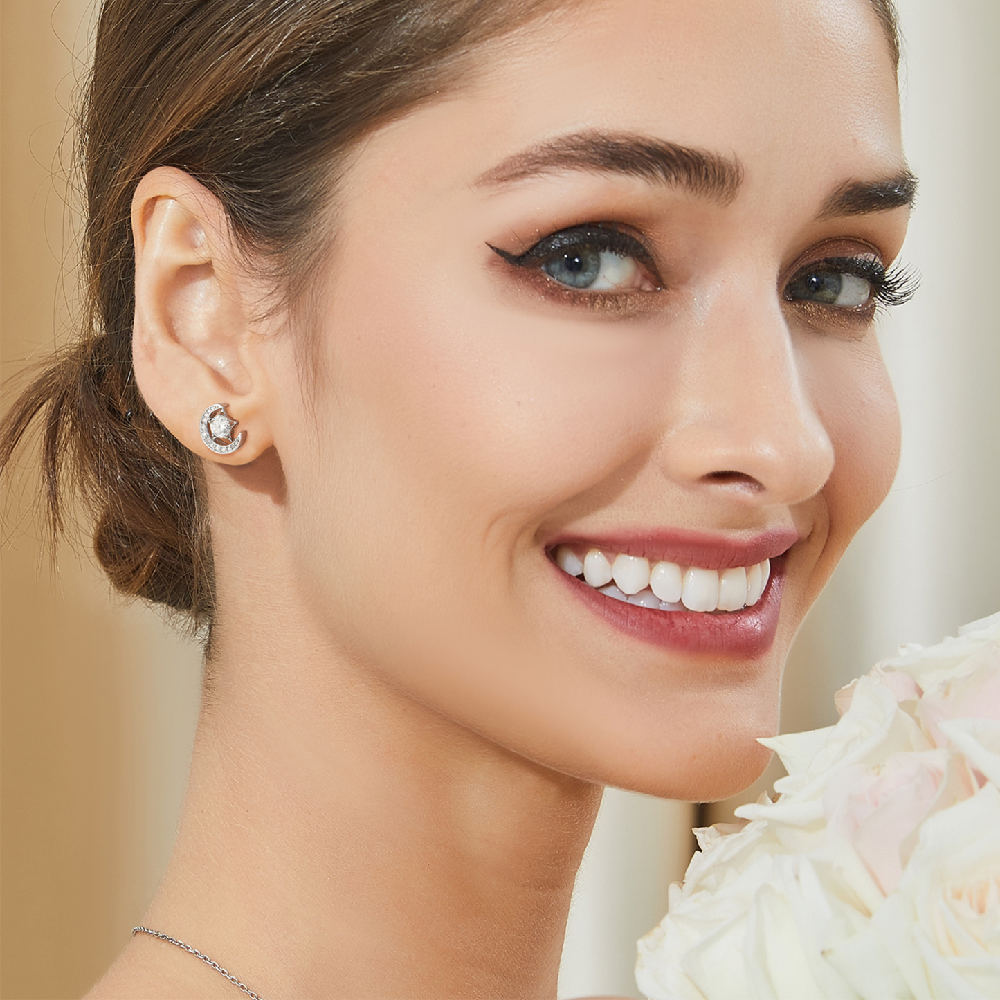 Moon & Star Stud Moissanite Earrings in White Gold (1/2 Ct. VVS1)