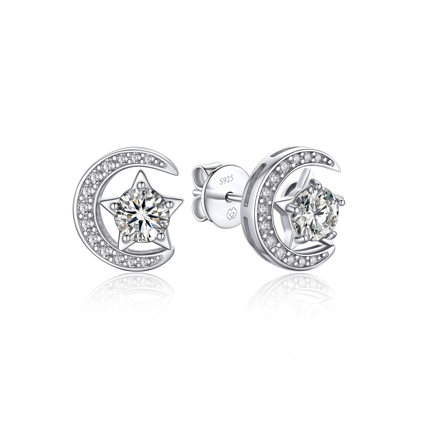 Moon & Star Stud Moissanite Earrings in White Gold (1/2 Ct. VVS1)