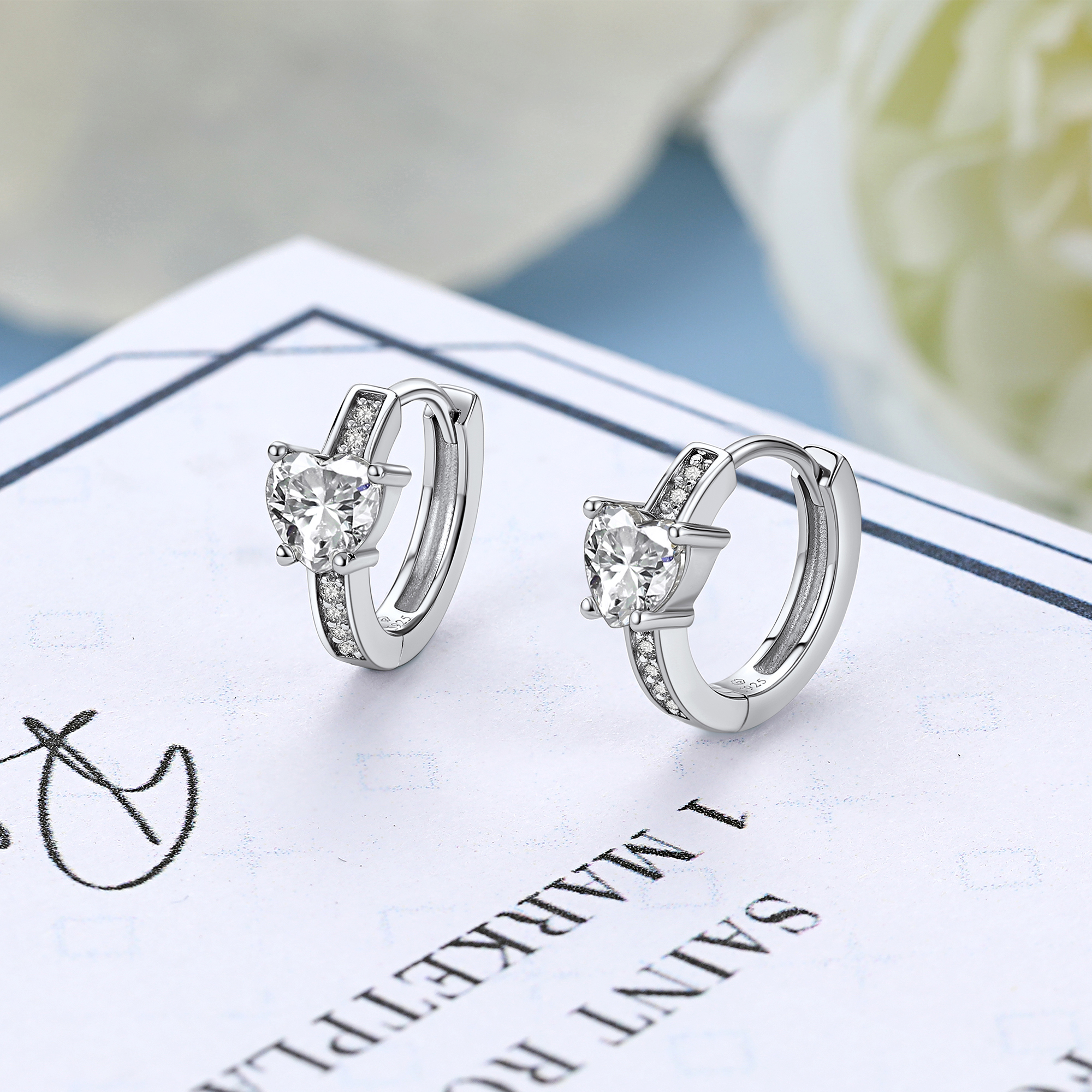 Heart Hoop Moissanite Huggie Earrings in White Gold (D Color VVS1)