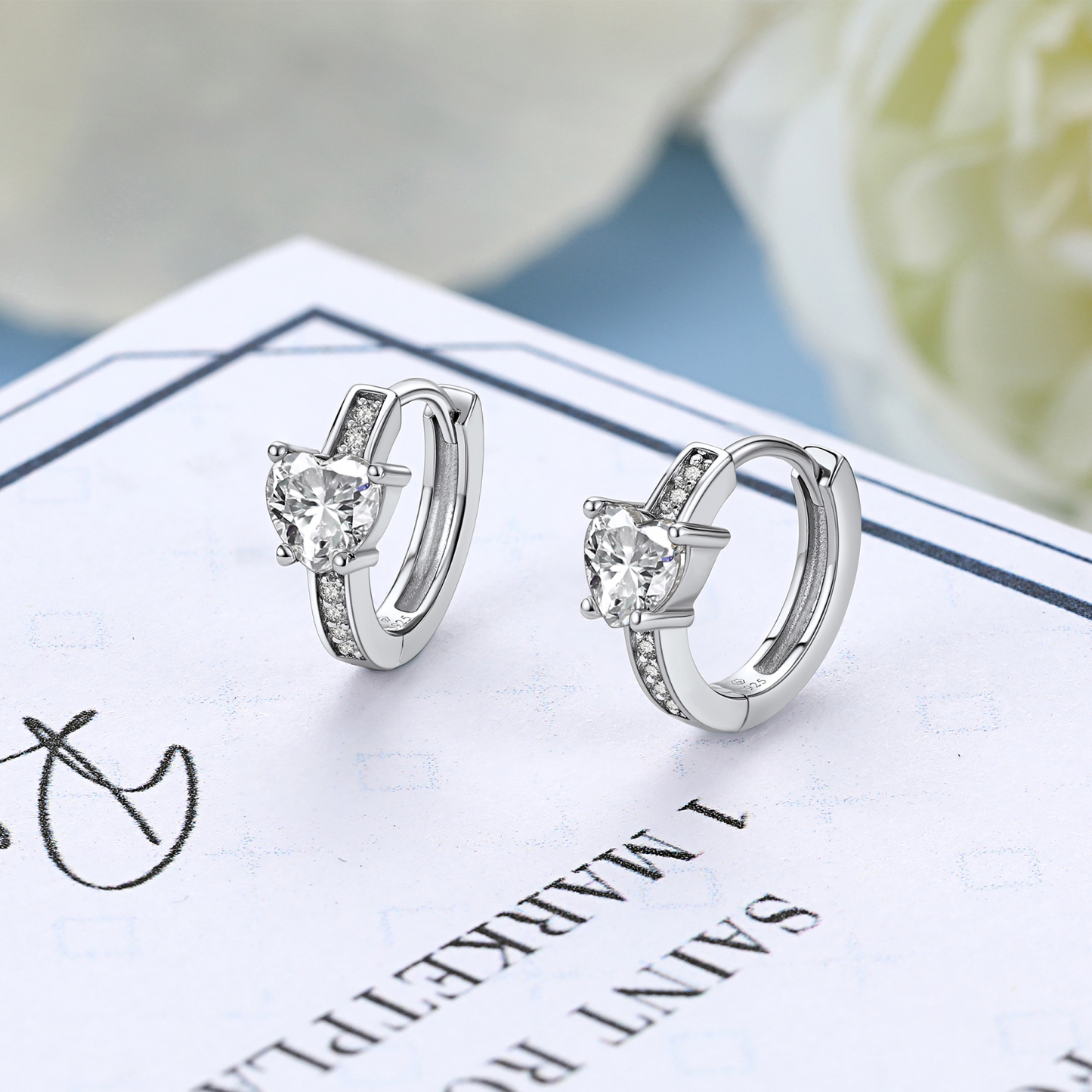 Heart Hoop Moissanite Huggie Earrings in White Gold (D Color VVS1)