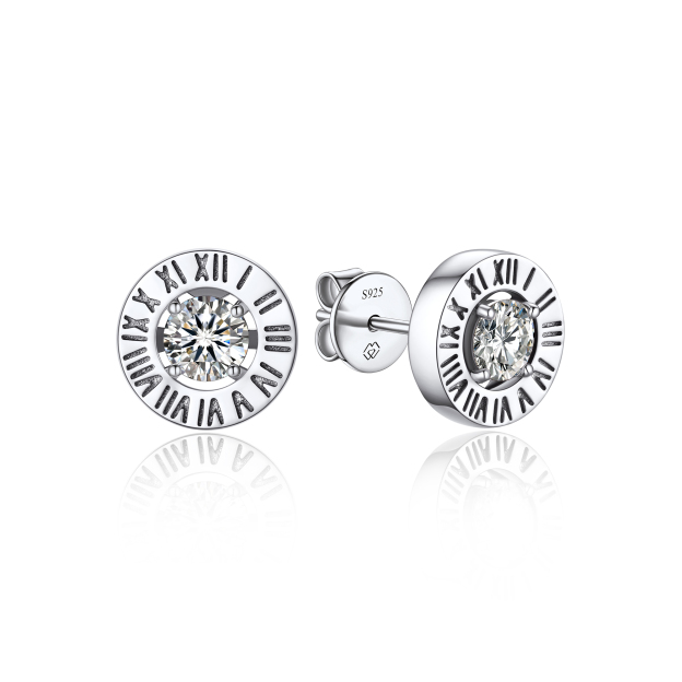 0.5 Carat Roman Numerals Stud Moissanite Earrings in White Gold-02
