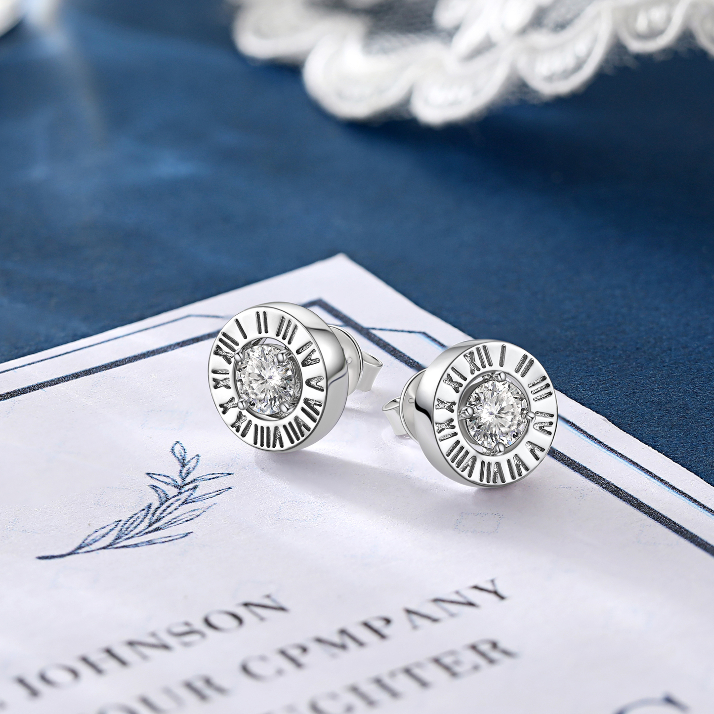 Roman Numerals Stud Moissanite Earrings in White Gold (1/2 Ct. VVS1)