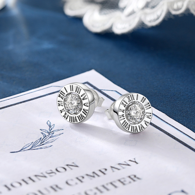 Roman Numerals Stud Moissanite Earrings in White Gold, Sterling Silver
