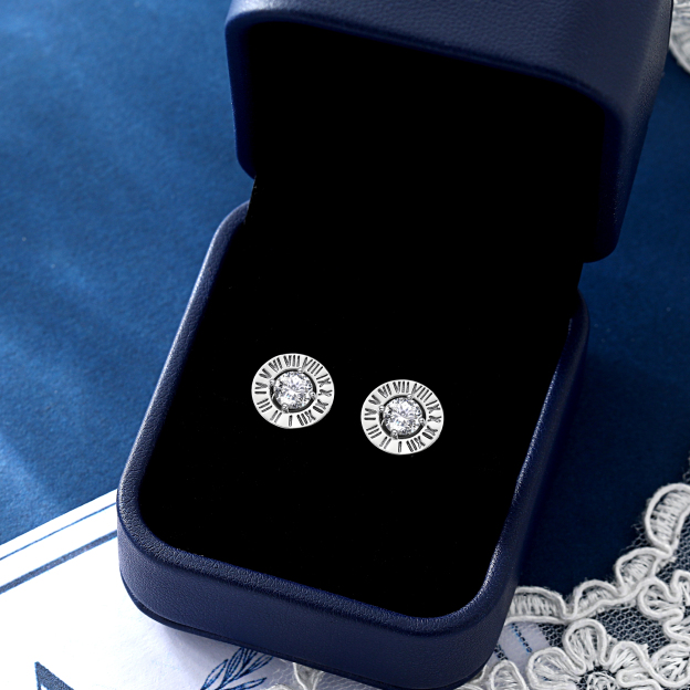 Roman Numerals Stud Moissanite Earrings in White Gold with Jewelry Box