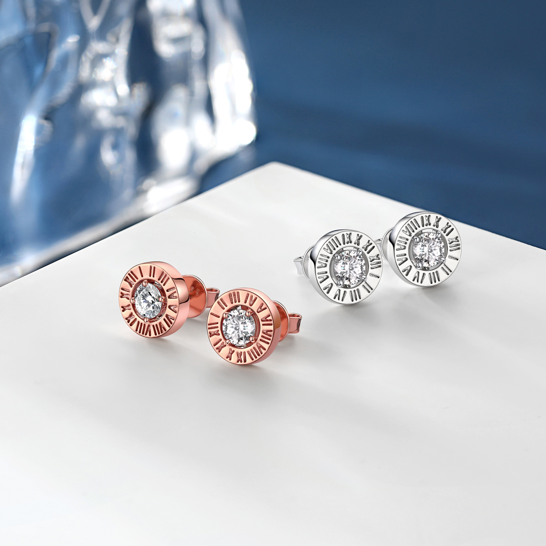 Roman Numerals Stud Moissanite Earrings in White Gold (1/2 Ct. VVS1)