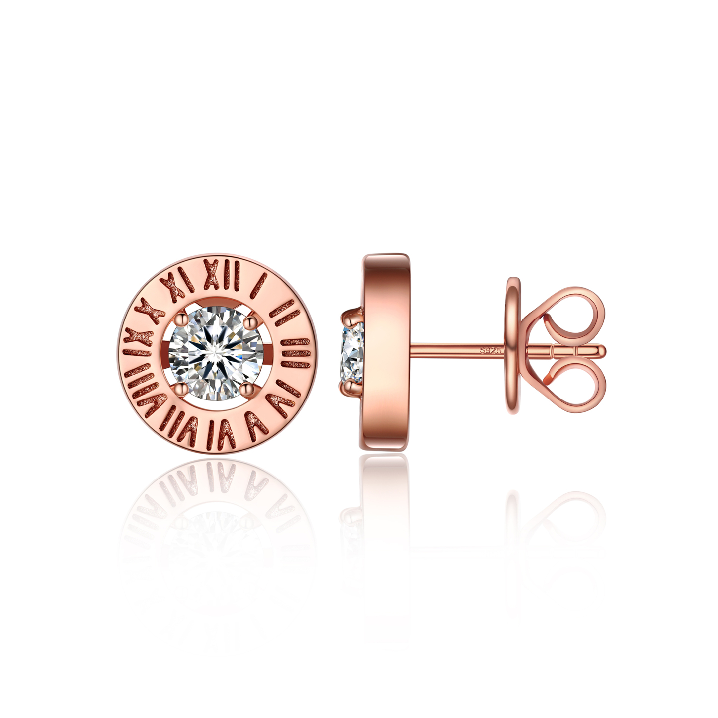 Roman Numerals Stud Moissanite Earrings in Rose Gold (1/2 Ct. VVS1)