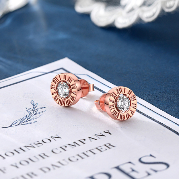 Roman Numerals Stud Moissanite Earrings in Rose Gold, Sterling Silver-02