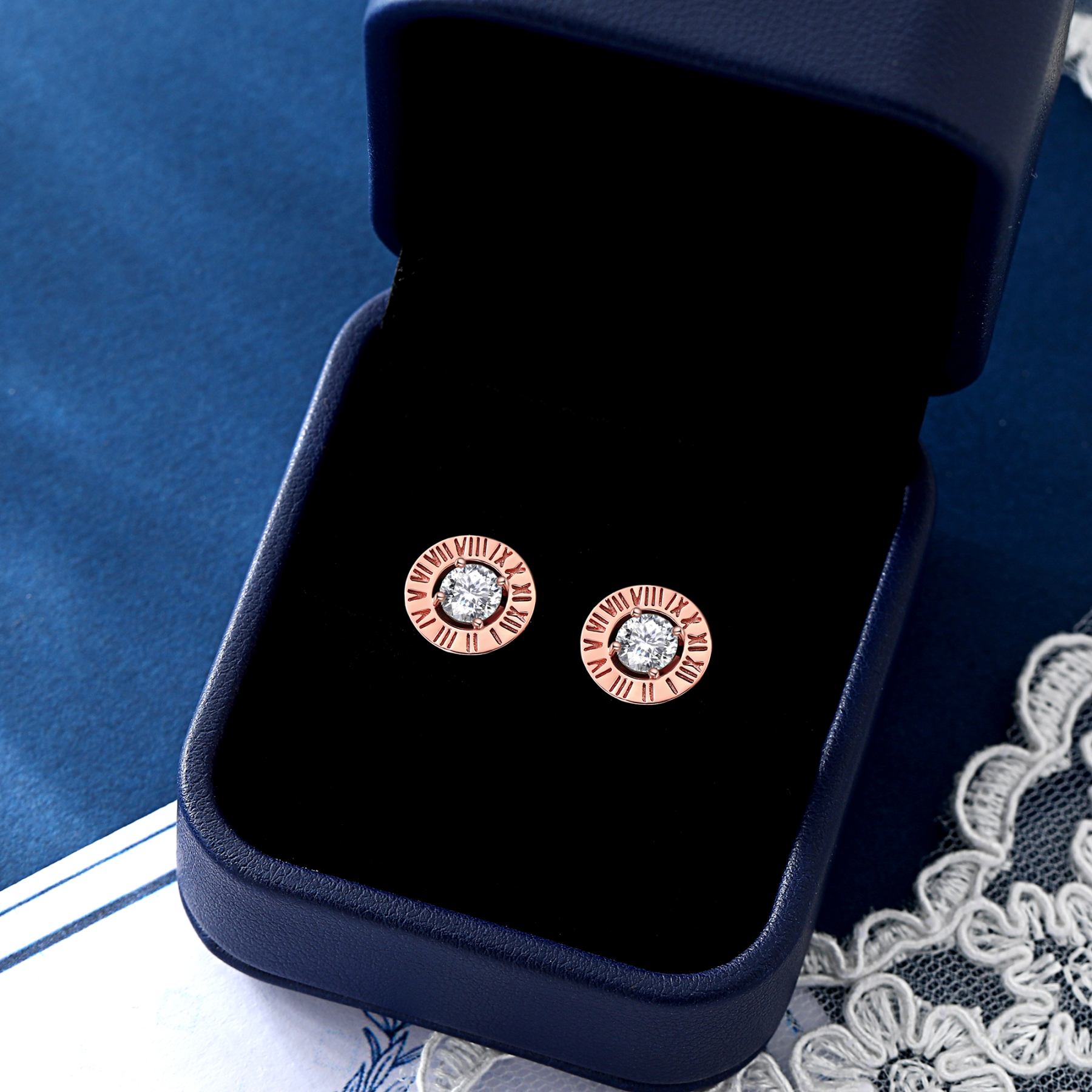 Roman Numerals Stud Moissanite Earrings in Rose Gold (1/2 Ct. VVS1)