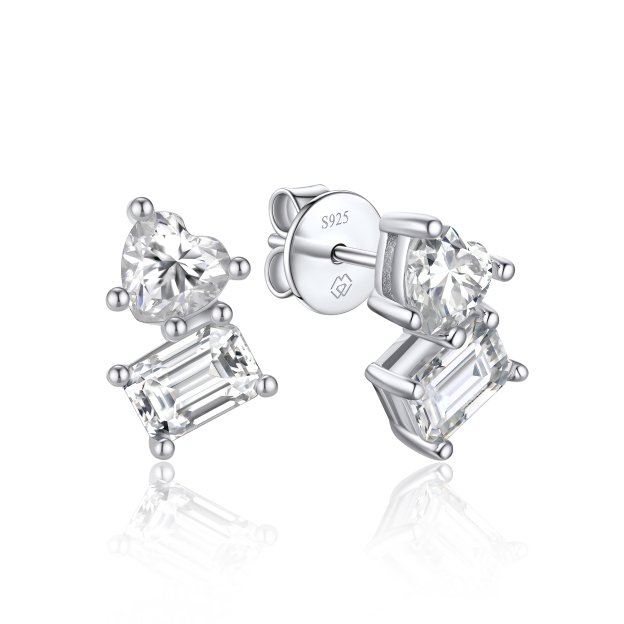 Heart and Emerald Cut Toi Et Moi Moissanite Stud Earrings in White Gold-02