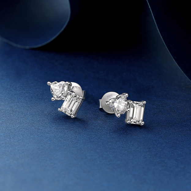 Heart and Emerald Cut Toi Et Moi Moissanite Stud Earrings in White Gold, Sterling Silver