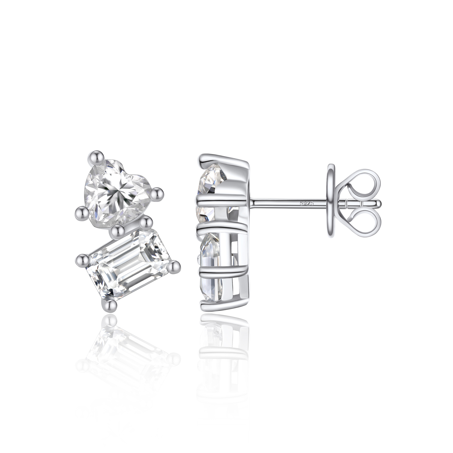 Toi Et Moi Heart & Emerald Stud Moissanite Earrings in White Gold (D Color VVS1)
