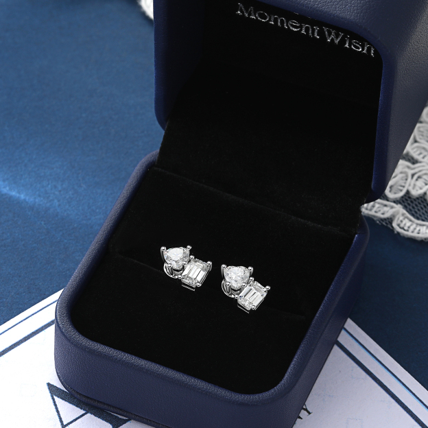 Heart and Emerald Cut Toi Et Moi Moissanite Stud Earrings in White Gold-Gift Box