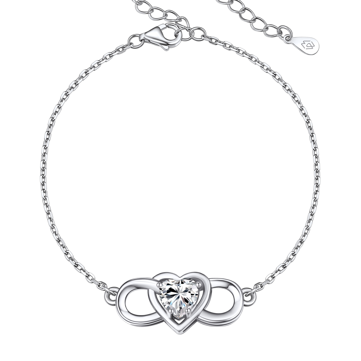 925 Sterling Silver Infinity Heart Charm Moissanite Link Bracelet (D Color VVS1)
