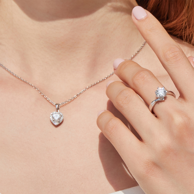 1 Carat Halo Moissanite Heart Necklace with Snowflake Engagement Ring for Women