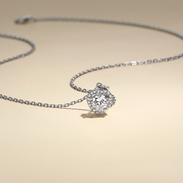 1 Carat Halo Moissanite Heart Necklace in White Gold, Sterling Silver-01