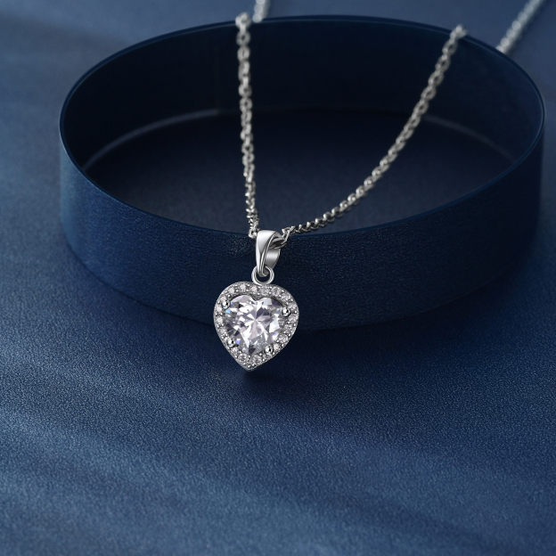1 Carat Halo Moissanite Heart Necklace in White Gold, Sterling Silver-03