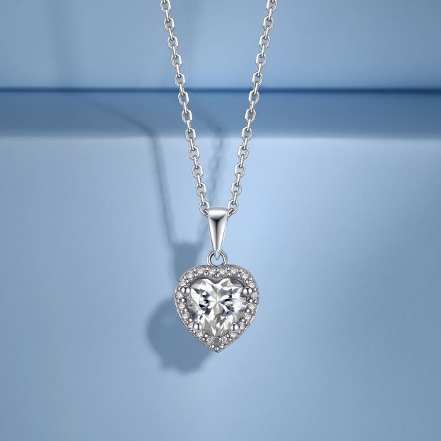 1 Carat Halo Moissanite Heart Necklace in White Gold, Sterling Silver-02