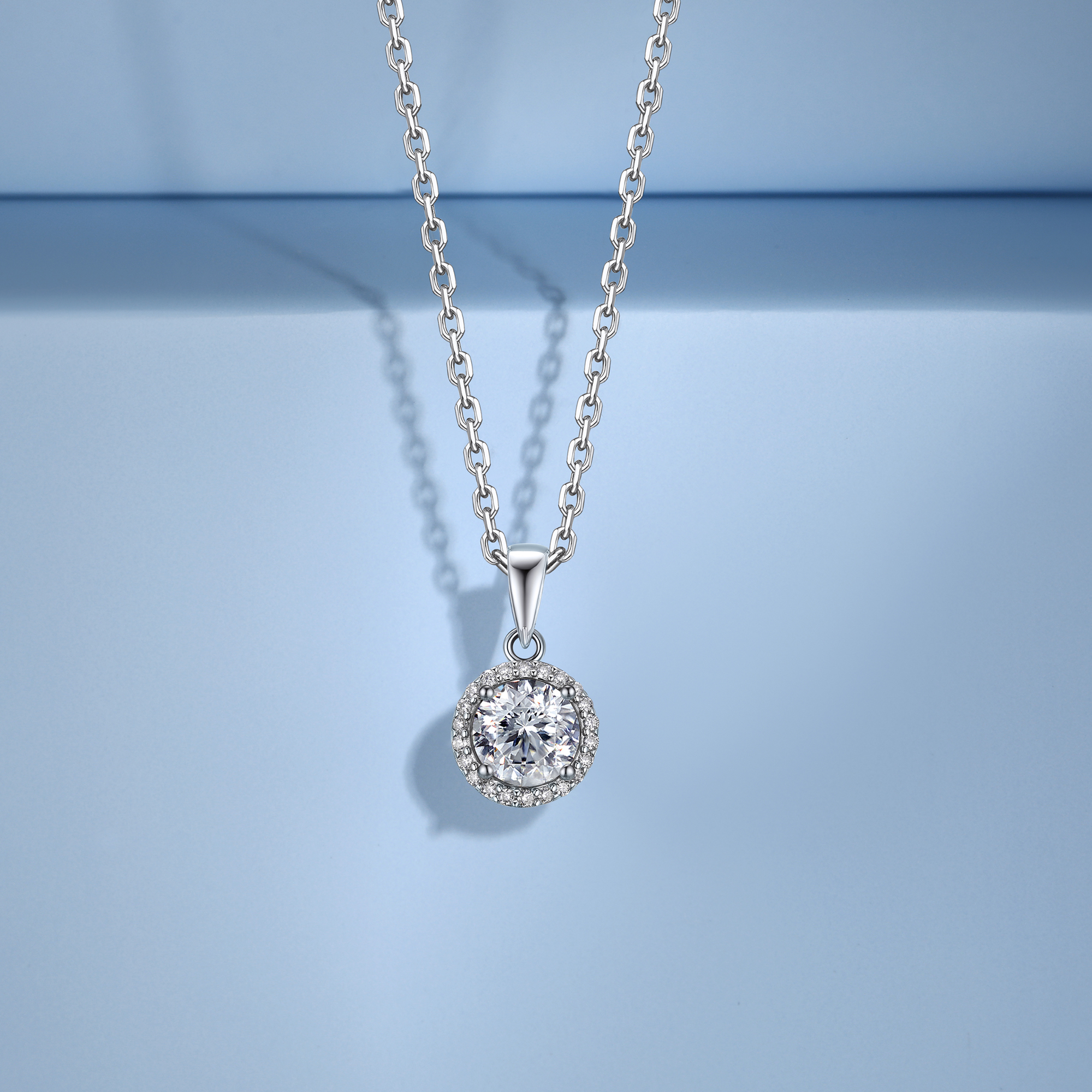 Halo Round Pendant Moissanite Necklace in White Gold (1 Ct. VVS1)