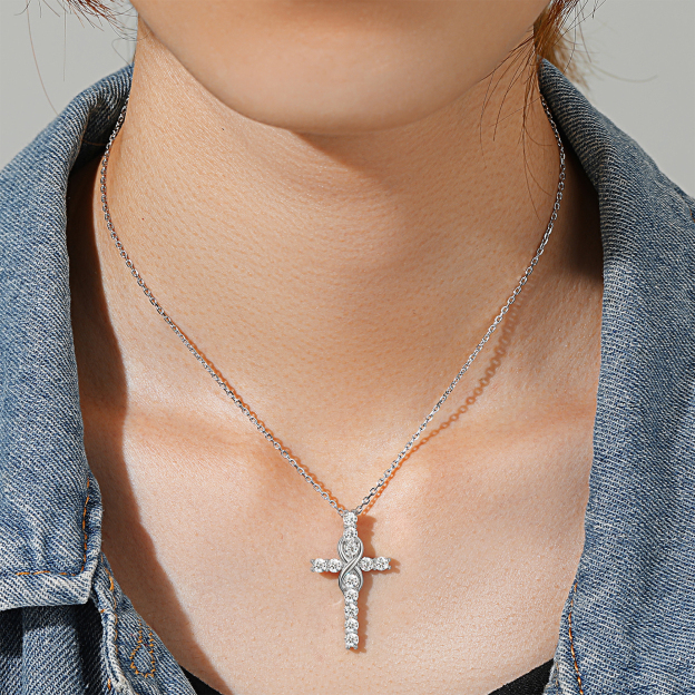 Cross Pendant Moissanite Infinity Necklace in White Gold (D Color VVS1)