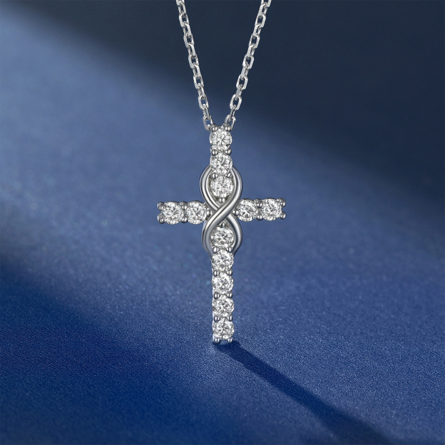 Cross Pendant Moissanite Infinity Necklace in White Gold (D Color VVS1)