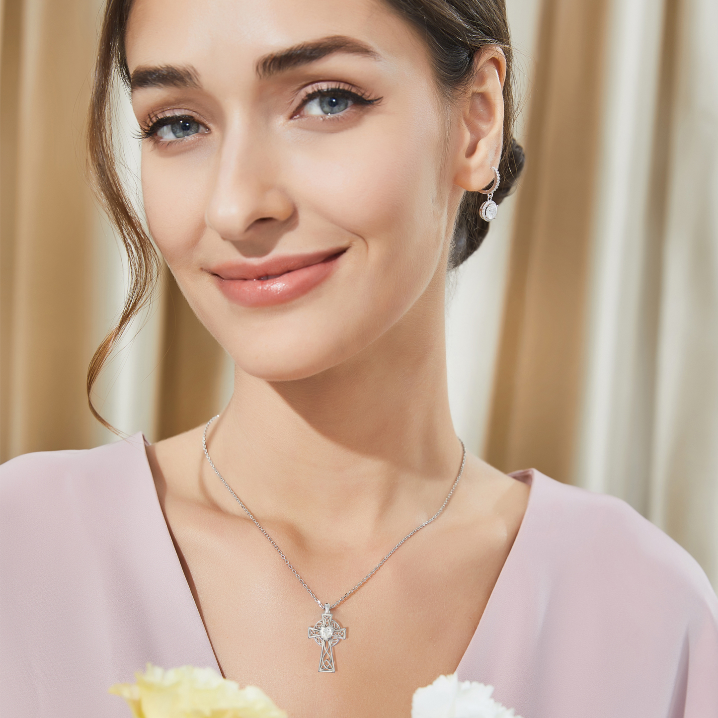 Celtic Cross Pendant Moissanite Necklace in White Gold (1 Ct. VVS1)