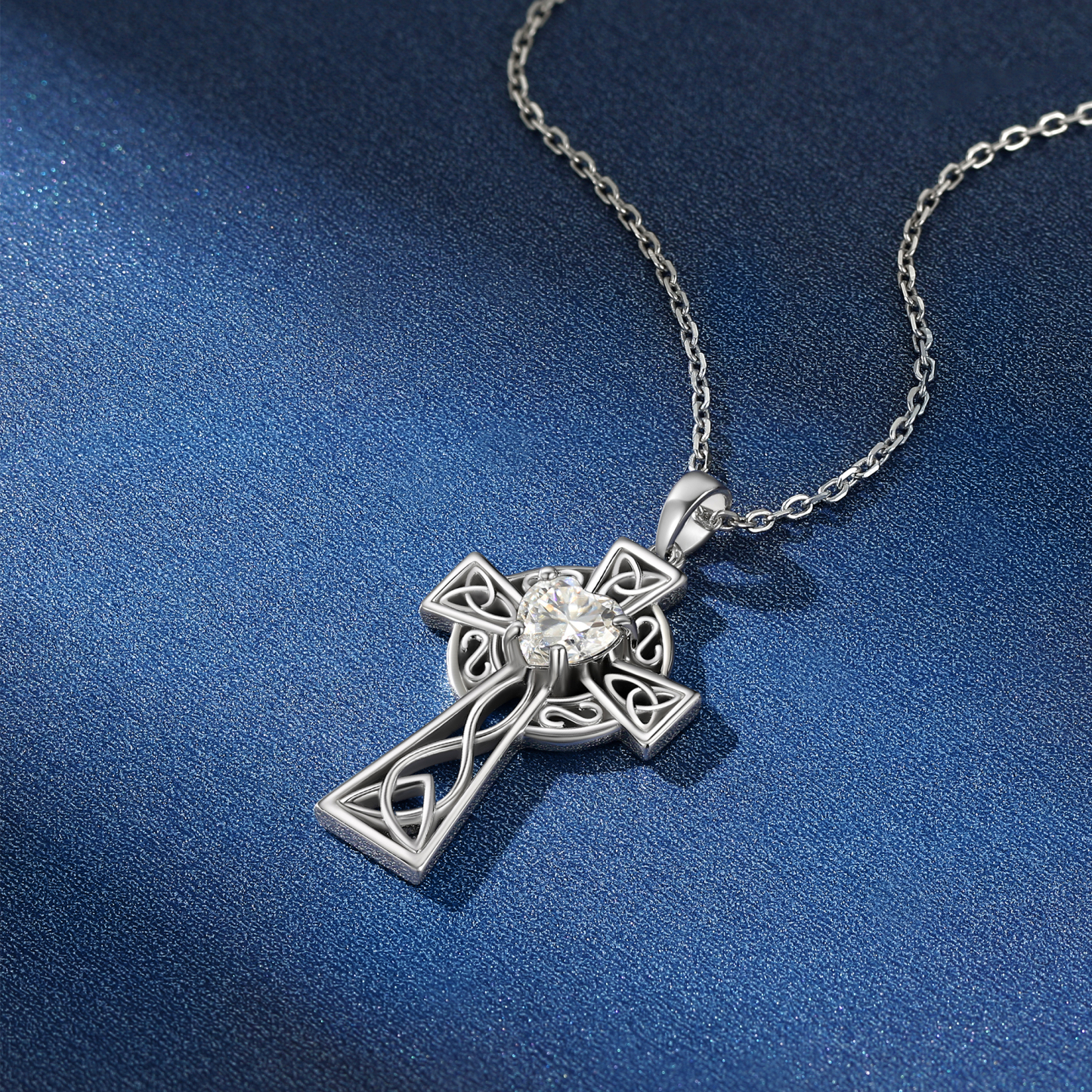 Celtic Cross Pendant Moissanite Necklace in White Gold (1 Ct. VVS1)