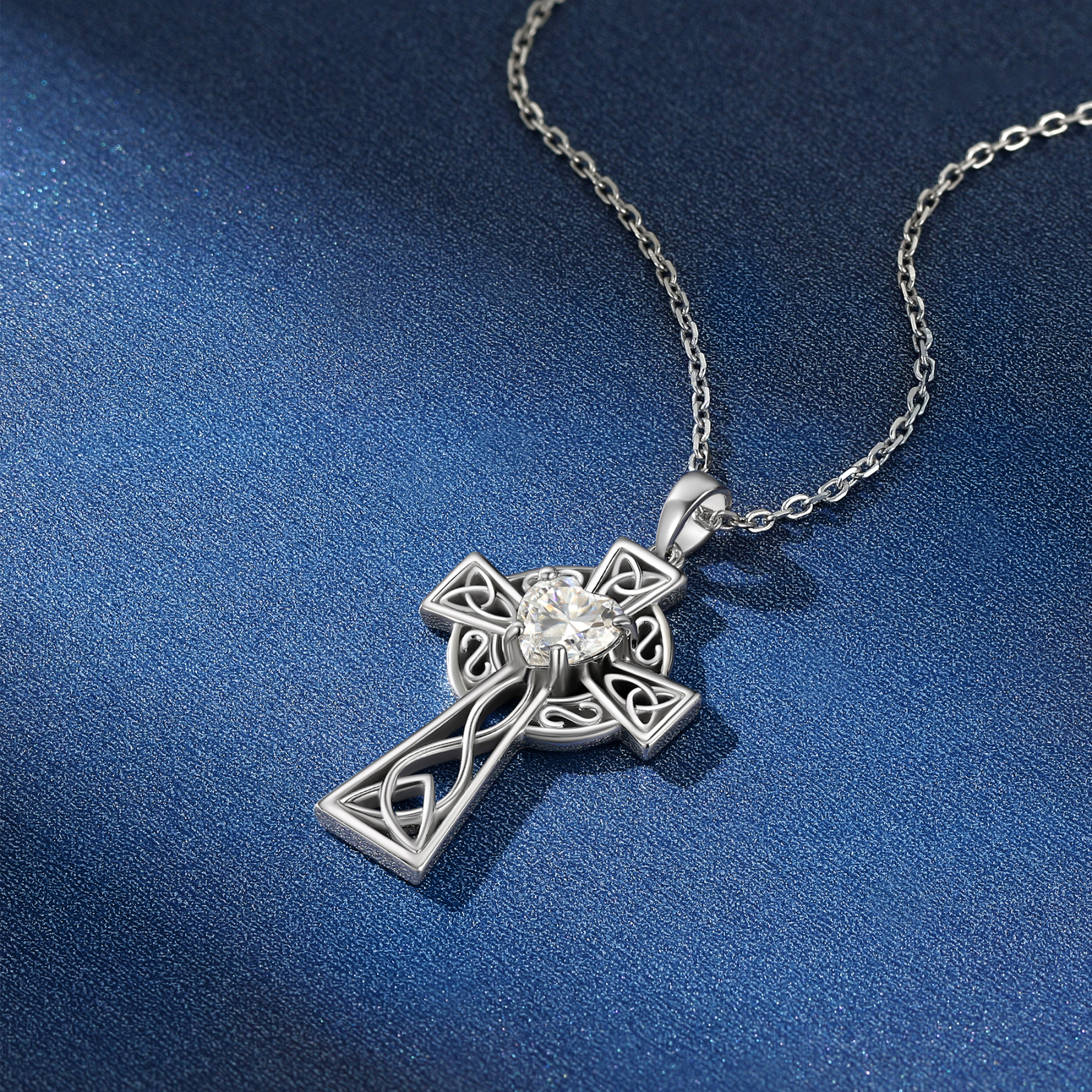 Celtic Cross Pendant Moissanite Necklace in White Gold (1 Ct. VVS1)