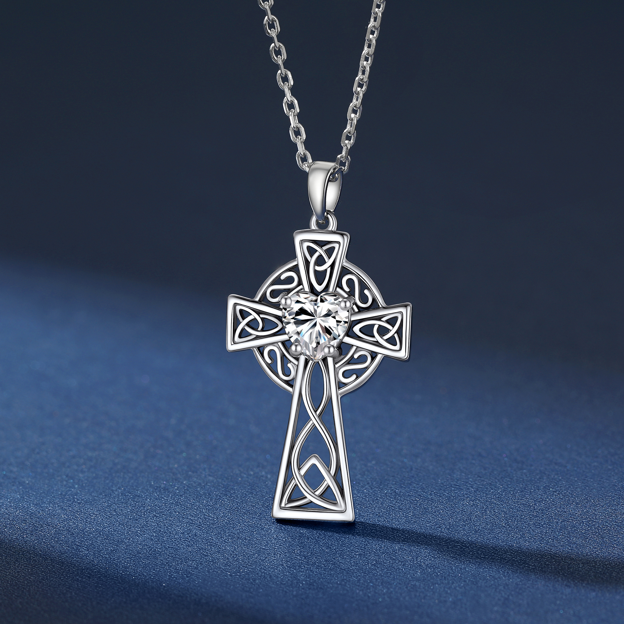 Celtic Cross Pendant Moissanite Necklace in White Gold (1 Ct. VVS1)
