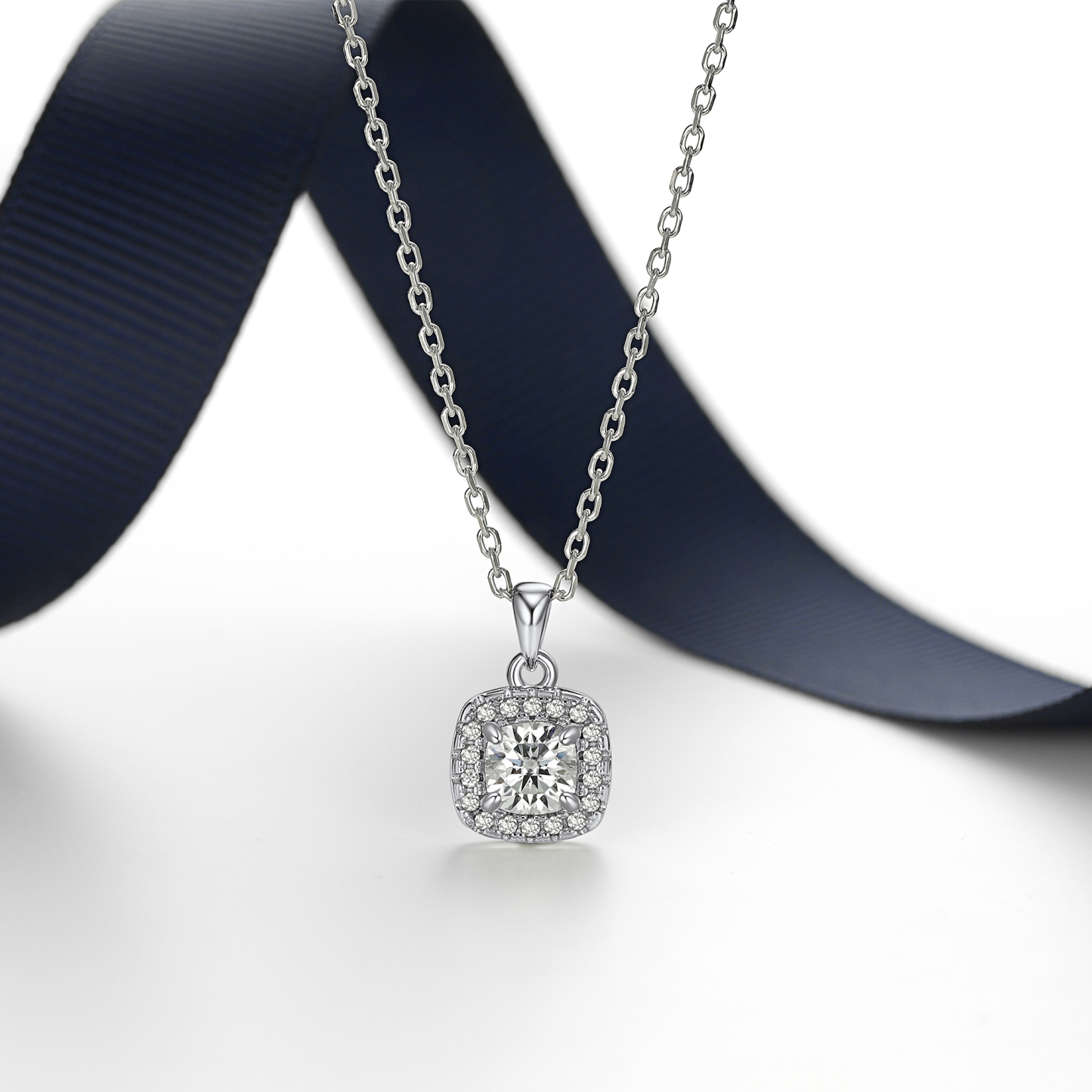 Halo Cushion Pendant Moissanite Necklace in White Gold (1 Ct. VVS1)