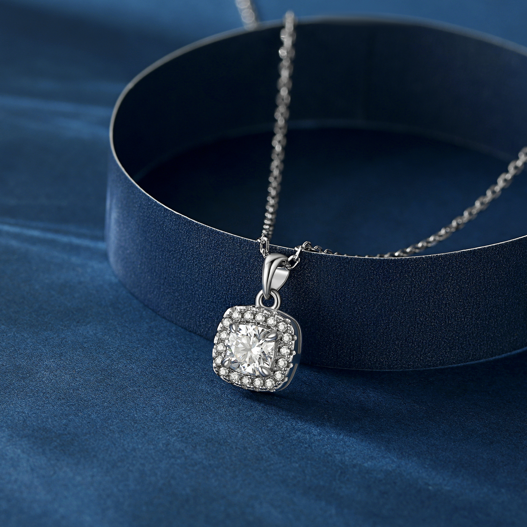 Halo Cushion Pendant Moissanite Necklace in White Gold (1 Ct. VVS1)