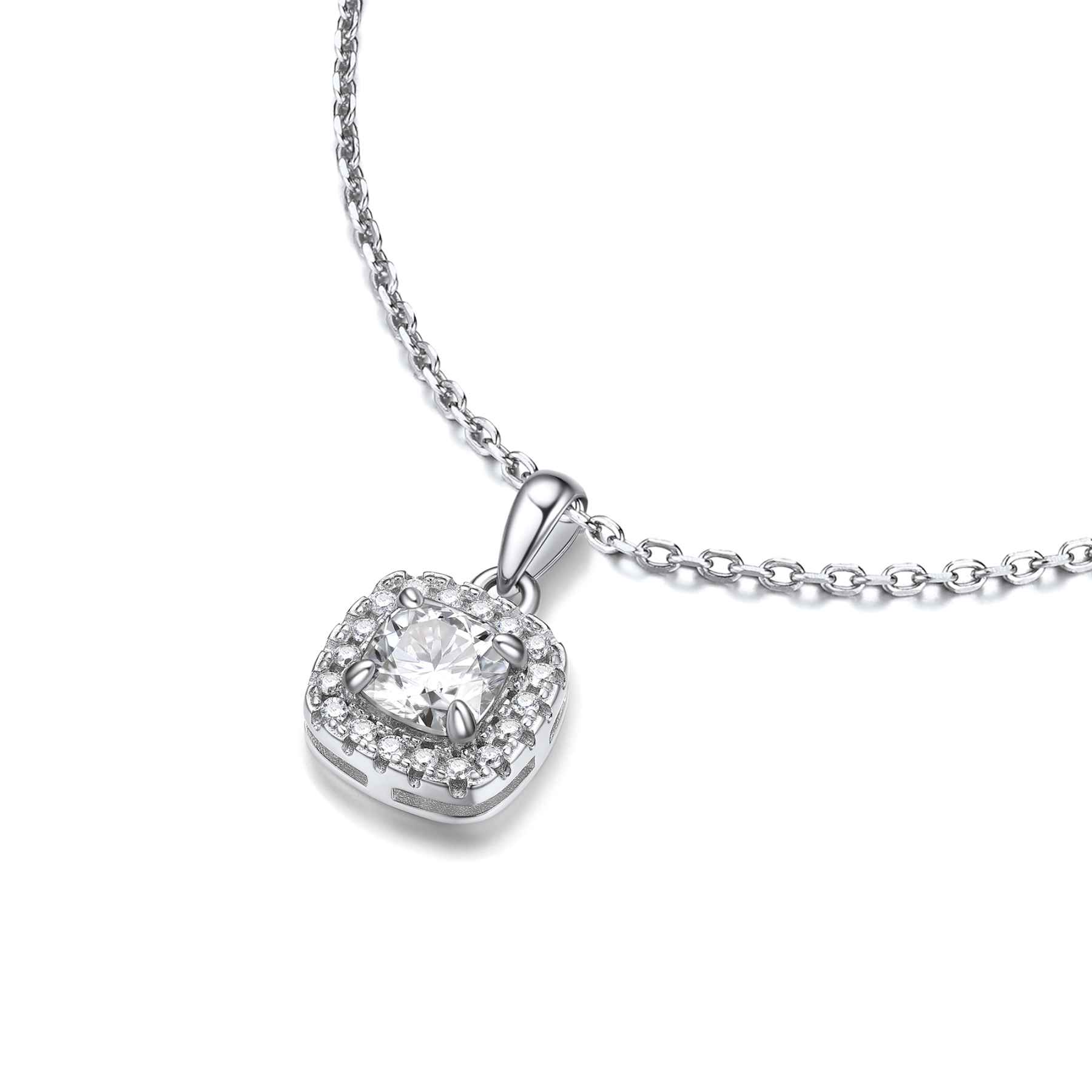 Halo Cushion Pendant Moissanite Necklace in White Gold (1 Ct. VVS1)