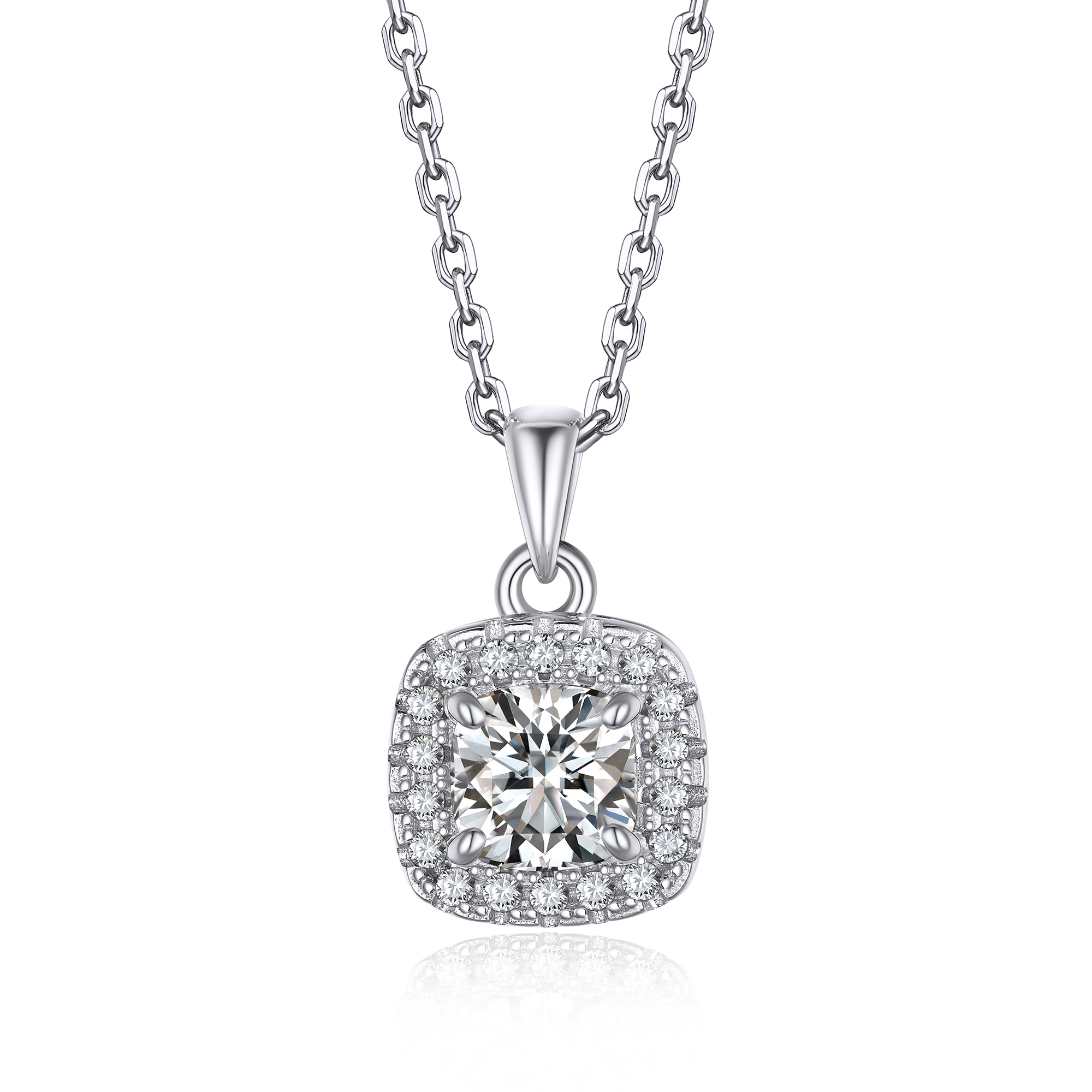 Halo Cushion Pendant Moissanite Necklace in White Gold (1 Ct. VVS1)