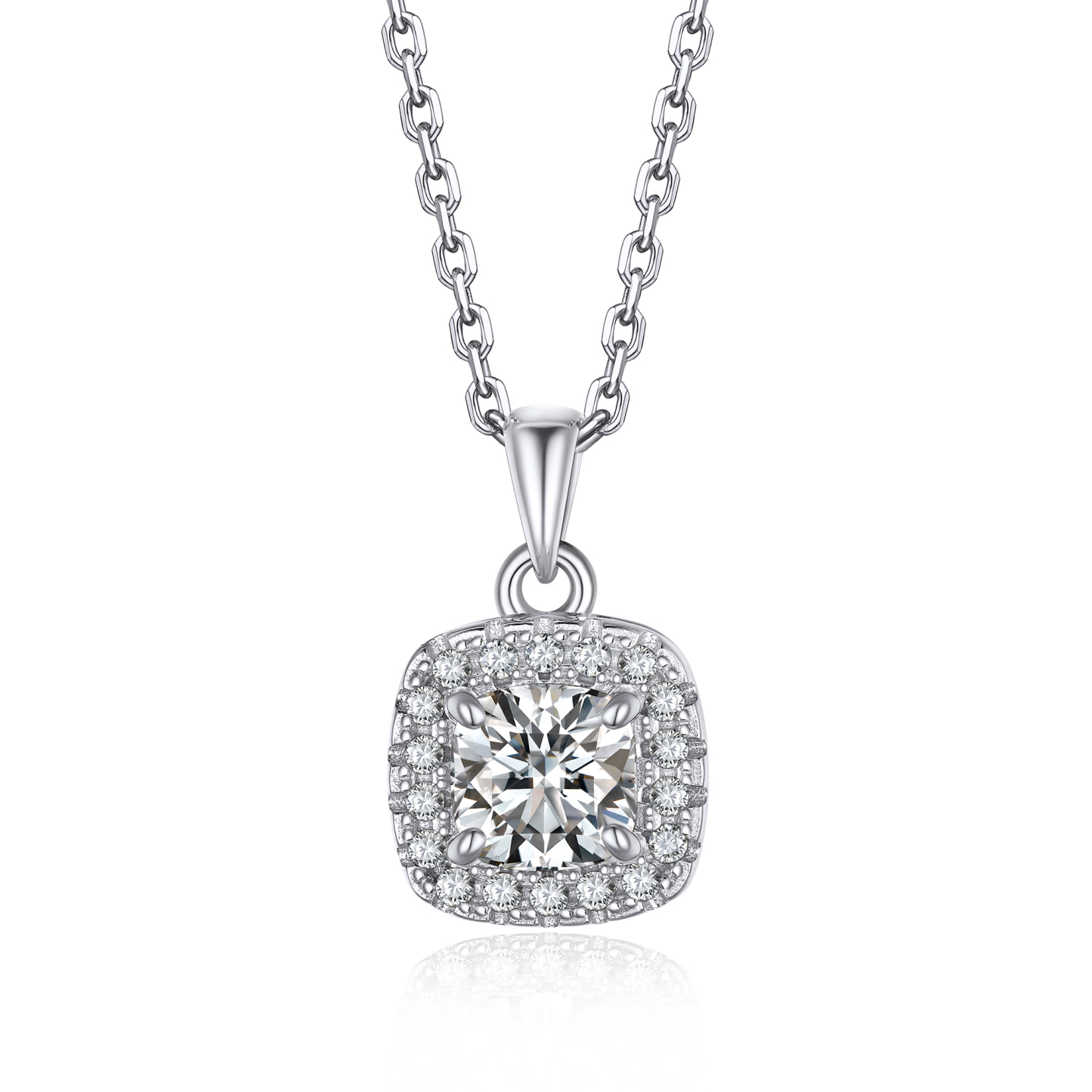 Halo Cushion Pendant Moissanite Necklace in White Gold (1 Ct. VVS1)
